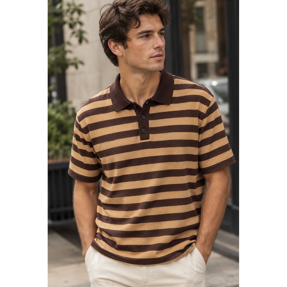 Zara Men's Burgundy & Peach Striped Knit Polo Shirt - Size Medium